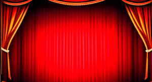Escenario de teatro con luces brillantes y cortinas rojas.